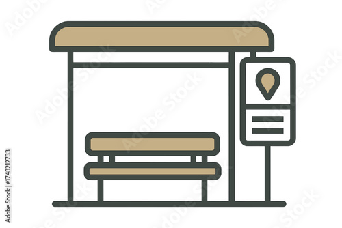 Modern minimalist public transportation bus stop shelter with bench and location marker sign