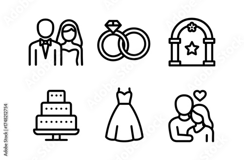 Wedding icon set: classic linear symbols for marriage and celebration themes