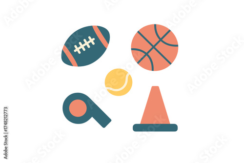 Sports equipment collection with football, basketball, tennis ball, whistle, and cone