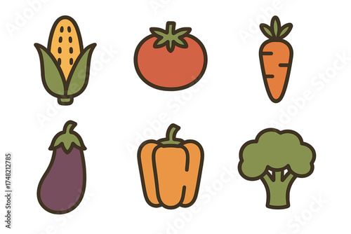 Set of six colorful vegetables: corn, tomato, carrot, eggplant, bell pepper, and broccoli