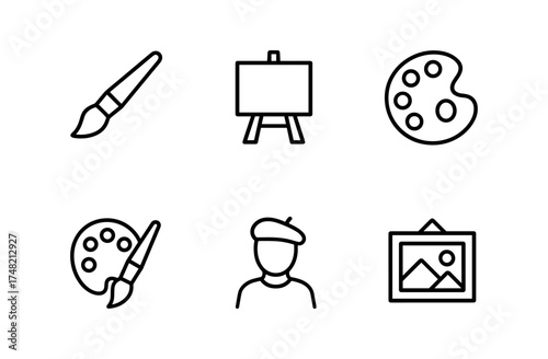 Art tools and icons: paintbrush, easel, palette, artist in minimal lineart