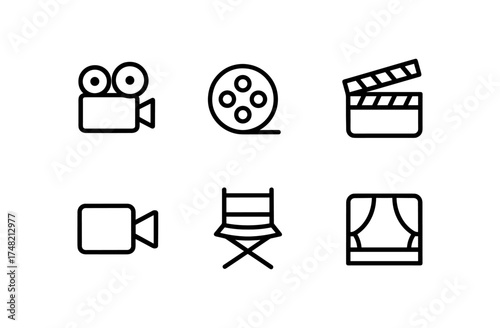 Minimalist linear icons of filmmaking elements: camera, reel, clapperboard, chair