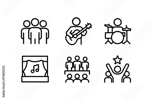 Music band icons set: line art illustrations of musicians and concerts
