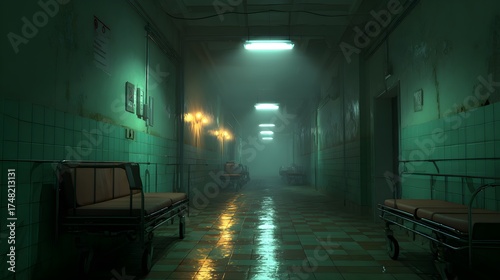 Wallpaper Mural A dimly lit hospital corridor evokes a chilling atmosphere, with empty gurneys lined against peeling green walls. Fluorescent lights flicker ominously, casting eerie shadows over the unsettling scene. Torontodigital.ca