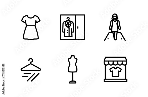 Fashion icons set featuring dress, closet, and mannequin in minimalist linear style