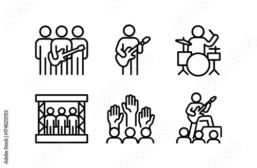 Linear icons of live music performance with band and audience