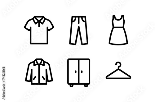 Minimalist line art fashion and wardrobe icons set for web and design