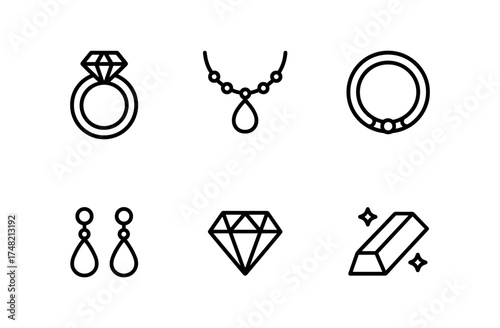 Minimalist jewelry icon set featuring rings, earrings, and necklaces