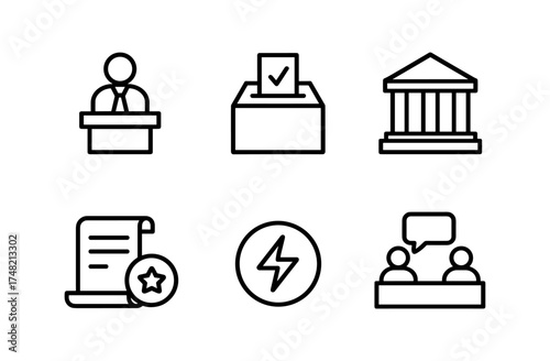 Political and voting icons: linear style symbolizing elections, governance, and civic processes