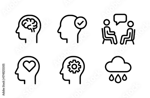 Mental health and communication icons: brain, heart, dialogue, mood