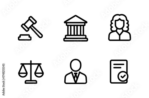Linear justice icons: gavel, courthouse, scales, judge, lawyer, contract