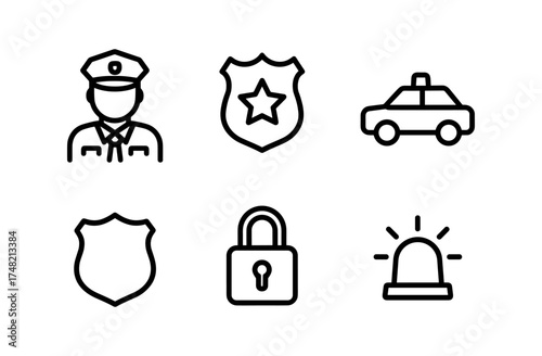Minimalist police icon set featuring officer, badge, patrol car, lock, and siren designs