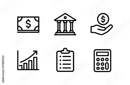 Finance icons: money, bank, investment, growth, checklist, and calculator in linear style