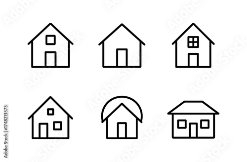 Minimalist line art: diverse house icon set in black and white outline style
