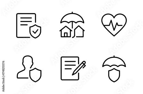 Icon set for insurance and health: outline style with heartbeat and shield symbols
