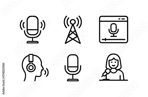 Podcast and streaming icons in linear style for modern media and communication design