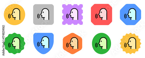 Vector person speaking, speech recognition, voice activation icon. Black, white background. Perfect for app and web interfaces, infographics, presentations, marketing, etc.