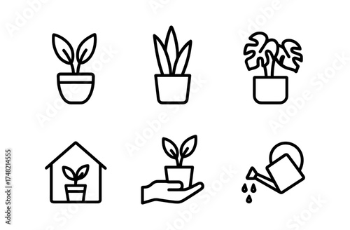 Minimalist line art plant icons: indoor gardening and plant care essentials