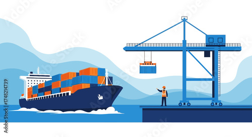 Global trade and logistics illustration showcasing container ship and port operations
