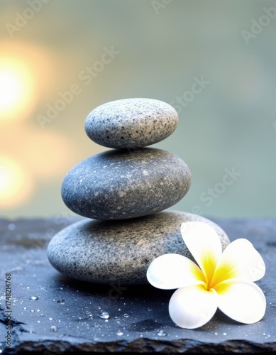 Balanced zen stones stack with white plumeria at calm spa setting