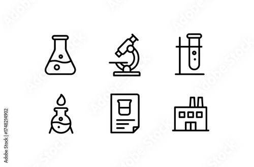 Minimalist scientific icons set featuring lab equipment and chemistry tools