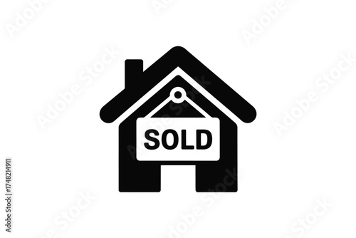 Black silhouette of a house with a white sold sign hanging on the front