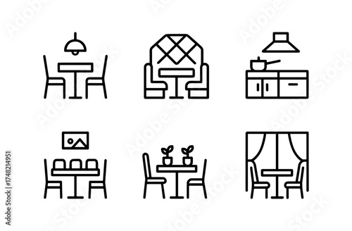 Minimalistic outline icons of dining room interiors and furniture elements