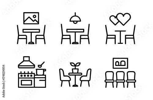 Linear cafe and dining room icon set with furniture elements