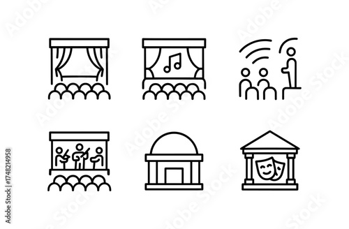 Minimalist outline icons of theater and performing arts elements