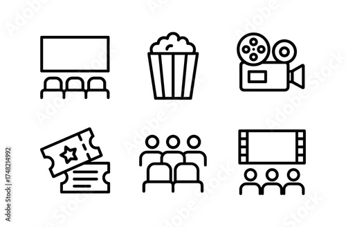 Minimalist cinema icons: movie screen, popcorn, tickets, projector, audience