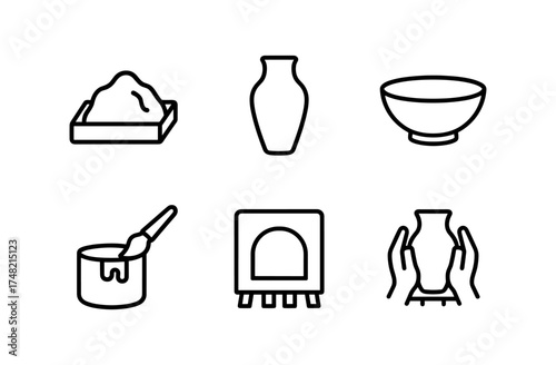 Pottery icons: simple outline style depicting tools and techniques