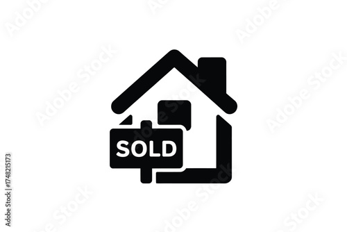 Black silhouette icon of a house with a sold sign in front