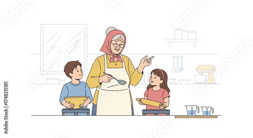 Grandmother baking with grandchildren in kitchen, creating lasting memories together showing love