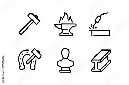 Blacksmithing tools: linear icons of anvil, hammer, welding, horseshoe, seal, steel beam