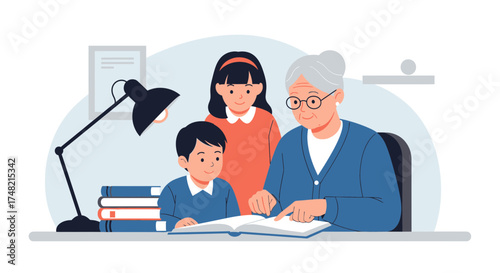 Grandmother reading a book to her grandchildren illustration depicting family bonding and