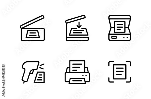 Office equipment icons for scanning and printing in linear style