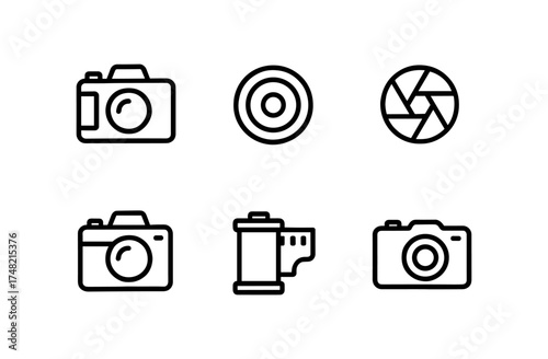 Minimalist camera and photography icon set featuring linear design elements