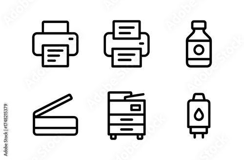 Office equipment icons set: printer, scanner, copier, toner in linear style