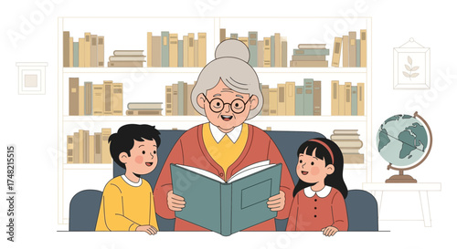Grandmother Reading to Grandchildren: A Heartwarming Storytime in a Cozy Book-Filled Room
