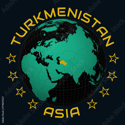 Turkmenistan on Globe. Round country and continent name text. Country view on world map in Black Emerald color palette. Turkmenistan shape on map. Creative vector illustration.