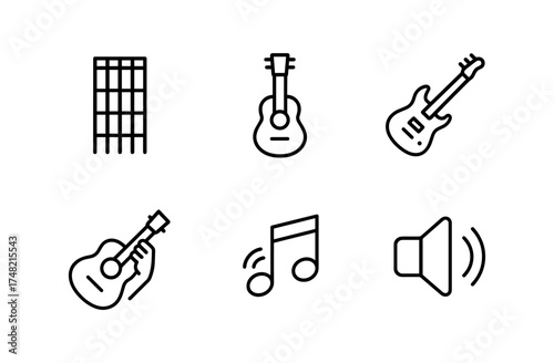 Minimalist music icons set: guitar, musical note, sound, chord