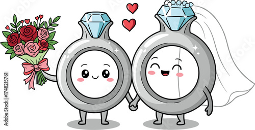 Cute cartoon wedding rings holding hands with bouquet and veil