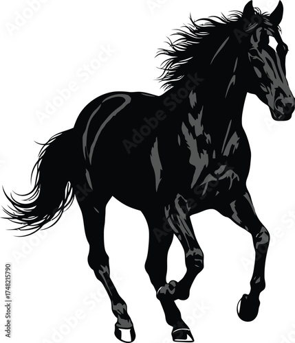 Silhouette of a horse galloping, its mane and tail flowing in the wind, isolated on white background the equines energy and freedom are palpable
