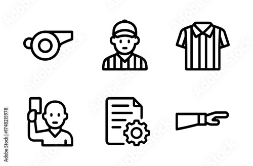 Referee essentials: linear icons of whistle, roles, and regulations