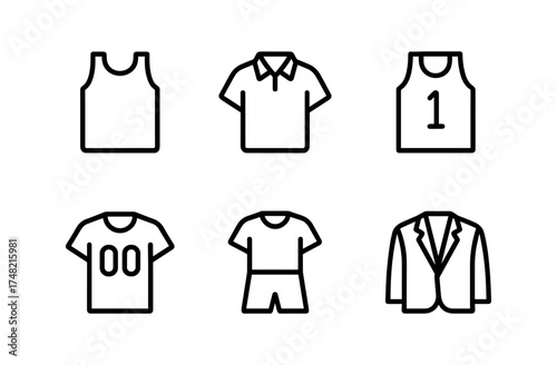 Minimalist thin line icons of various clothing items including sports and formal wear