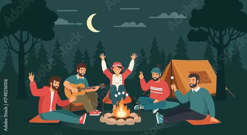 Group of friends gathered around a campfire, enjoying guitar music and roasting marshmallows under