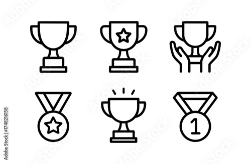 Collection of outline trophy and medal icons with stars and hands