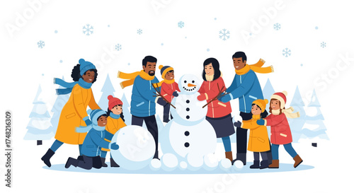 Happy diverse family building a snowman together in a snowy winter landscape illustration