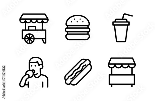 Minimalist food icons set: burger, hot dog, drink, street vendor