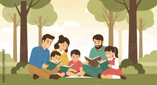 Happy families reading books together in the park on a summer day enjoying the outdoor lifestyle